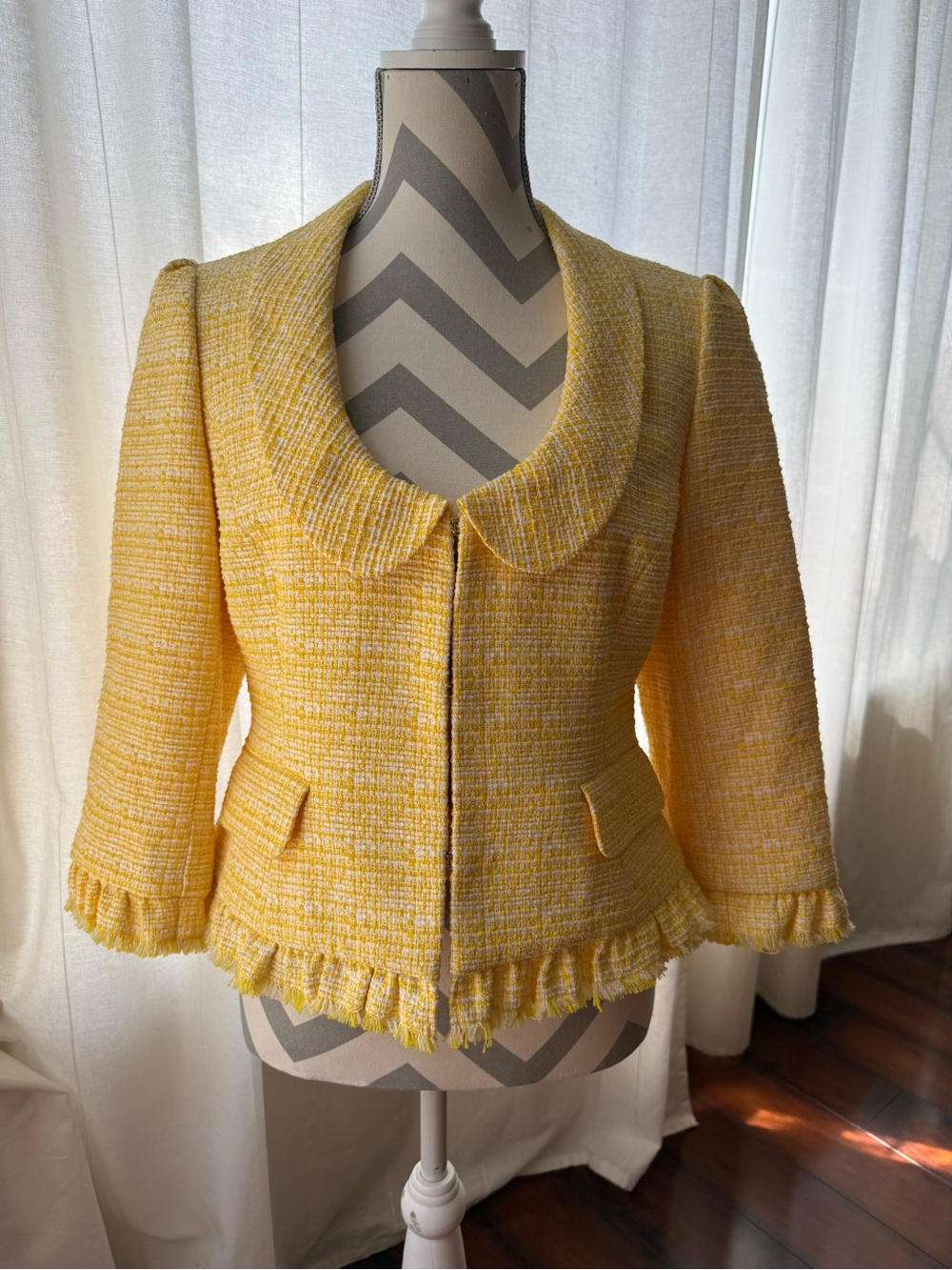 LOFT Yellow Tweed Fringe Hem Cropped Blazer